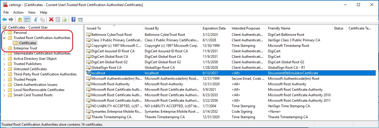 using certmgr.msc to work with the trusted root certificate